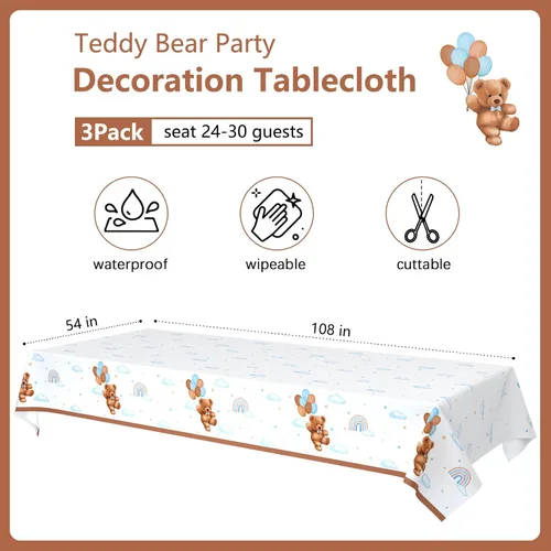Miniatura 2 de Caisehabu 3 manteles de plástico para baby shower, con diseño de oso de peluche, estilo bohemio marrón y azul, suministros para decoración de fiesta