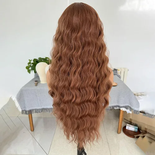 Miniatura 4 de RONGDUOYI Pelucas de encaje frontal sintético marrón 30 para mujer, 13 x 4, peluca larga de onda profunda, raya en medio, línea capilar natural, uso