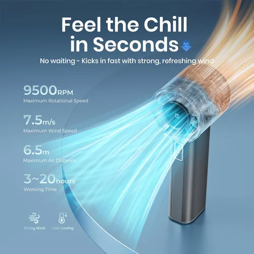 Miniatura 6 de Ventilador turbo portátil de mano, mini ventilador personal ajustable, funciona con batería recargable USB-C, pantalla digital, ultra silencioso