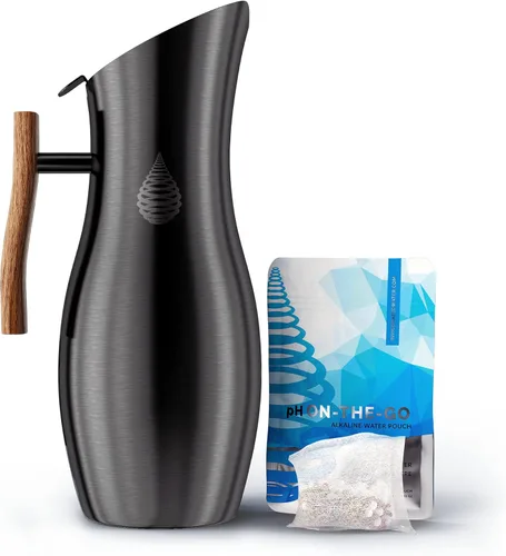 Invigorated Water pH Vitality - Jarra de filtro de agua alcalina de acero inoxidable, purificador de agua de alto pH con 1 bolsa de filtro Negro
