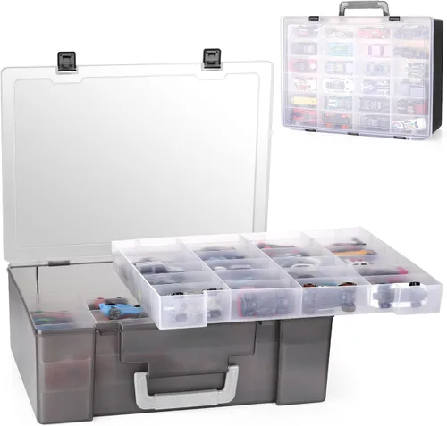 Organizador de juguetes. 72 compartimentos. Caja de almacenamiento de juguetes compatible con autos Hot Wheels, autos Matchbox, mini juguetes y
