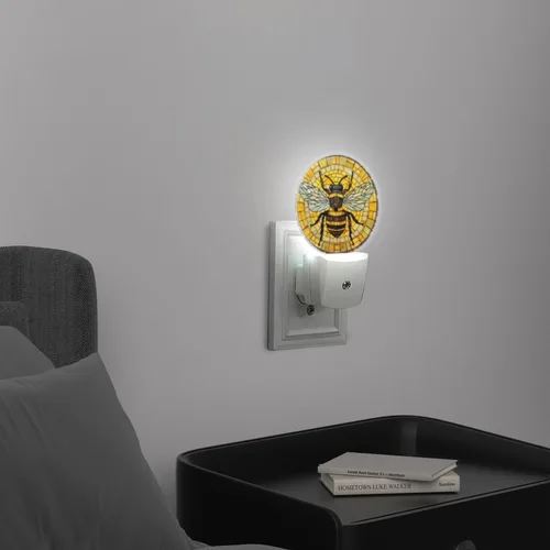 Miniatura 3 de Lámpara de Luz Nocturna LED Redonda con Sensor de Anochecer a Amanecer, Vidrio Emplomado Circular 3D con Luz Nocturna de Abejorro que se Enchufa a