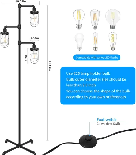 Miniatura 2 de CONCA Steampunk - Lámpara de pie industrial de tres cabezas, bombilla Edison rústica, pantalla de jaula (negro)