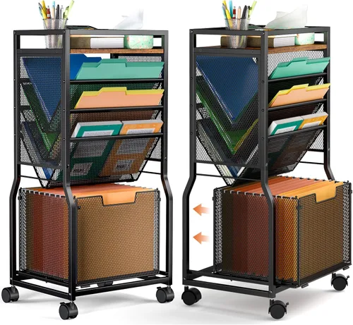 DAOUTIME Carrito de archivos rodante de 8 niveles con organizador de carpetas de archivos colgante, organizador de archivos móvil con estantería de