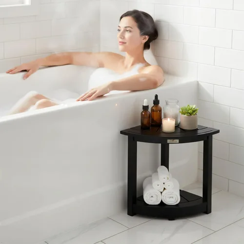 Miniatura 4 de VICTORY RELAX Estante esquinero de madera de acacia para ducha interior, banco de ducha impermeable y reposapiés para afeitarse las piernas, asiento