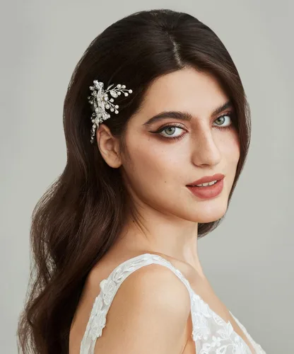 Miniatura 7 de SWEETV Peine de pelo de novia plateado para accesorios de cabello de boda, hecho a mano con cristales, perlas y hojas, 4.72 x 2.75 pulgadas