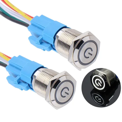 Miniatura 17 de 2 piezas de interruptor de botón de metal de cierre de 16 mm, 12V-24V, encendido/apagado, 1NO 1NC, impermeable, autoblocante, carcasa plateada