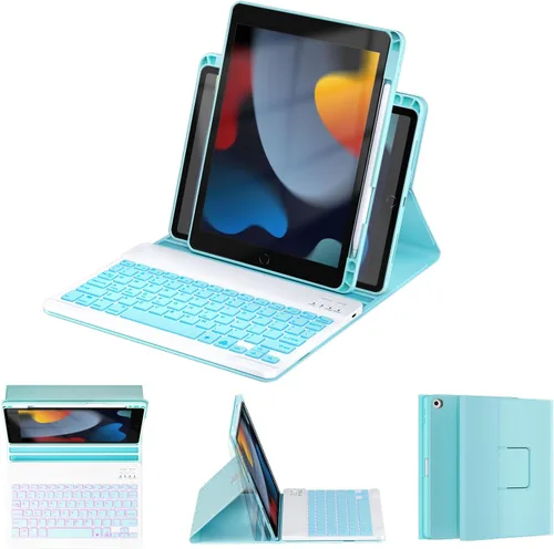 Miniatura 22 de OYEEICE Funda de teclado para iPad 6ª/5ª generación de 9.7 pulgadas, teclado inalámbrico desmontable retroiluminado de 7 colores, cubierta magnética