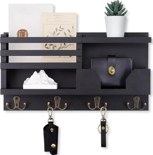 Miniatura 8 de Lwenki Organizador de Correo y Llavero para Pared - Organizador Decorativo de Entrada de 15.9" x 8.7" x 3.2" con Estante - Madera de Paulownia con 4