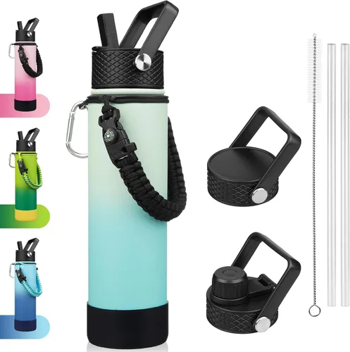 Miniatura 13 de BJPKPK - Botella de agua con tapa de popote, botellas de agua aisladas de 18 onzas con 3 tapas, asa de cuerda de paracaídas y base antideslizante