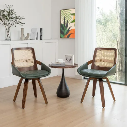 Miniatura 7 de Juego de 2 sillas de comedor de ratán verde, sillas de comedor modernas de mediados de siglo con marco de madera curvada de nogal, respaldo Nogal