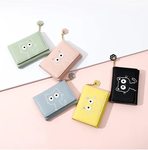 Miniatura 7 de Sunwel Fashion Lindo portatarjetas con diseño de gato pequeño - Estuche para tarjetas con cremallera de acordeón, bolsillos para efectivo, monedero