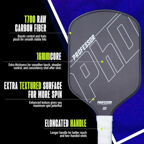 Miniatura 2 de Professor PhD Pala de Pickleball de Fibra de Carbono Premium en Bruto - Aprobada por USA Pickleball - Núcleo en Forma de Panal - Potencia y Control