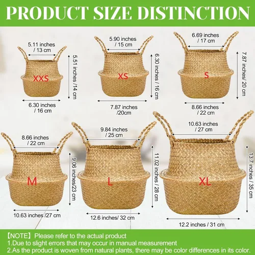 Miniatura 3 de Qunclay 4 Cestas Tejidas de Hierba Marina Belly Basket Plegable Boho Natural Maceta con Asas Redonda Decorativa de Mimbre Grande para Interiores