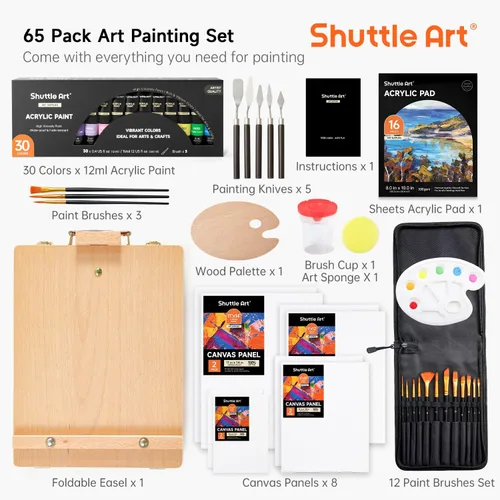 Miniatura 2 de Juego de 65 Piezas de Pintura Acrílica, Juego de Pintura Acrílica Shuttle Art con Caballete de Madera, 30 Colores de Pintura Acrílica, Lienzo