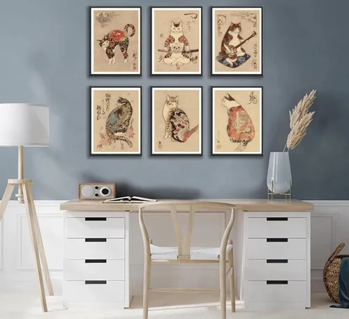 Miniatura 3 de 6 piezas de arte de pared de gato samurái japonés de carteles de decoración de bushido de Japón, pinturas de Kung Fu tatuajes divertidos de fantasía