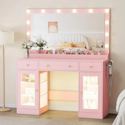 Miniatura 17 de Thacuok Tocador de maquillaje negro con espejo y luces, tocador de 34 pulgadas de ancho con estación de carga y gabinete de vidrio RGB, pequeño