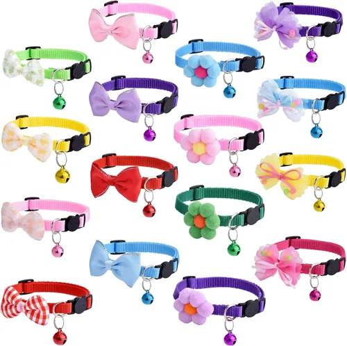 Miniatura 10 de 16 piezas de lindos collares para gatos con campanas - Collares separables para niñas y gatitos pequeños - Rosa, diseño de moño - Accesorios