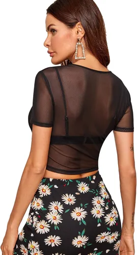 Miniatura 2 de SheIn Camisetas de manga corta para mujer, sexy, de malla transparente