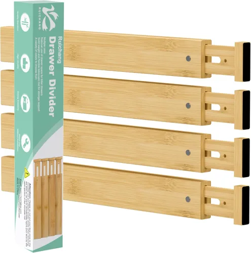 Divisor de cajones de cocina de bambú, 4 unidades, 17-22 pulgadas, organizador de cajones ajustable para baño, dormitorio, natural, 2.4 pulgadas de