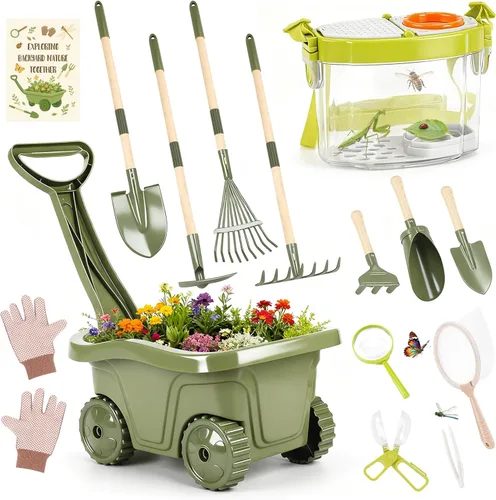 Dreamon Herramientas de jardinería para niños y kit de atrapador de insectos, juguetes para exteriores 2 en 1 con carretilla y casa de insectos,