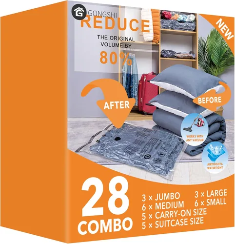 Miniatura 10 de 10 paquetes de bolsas de almacenamiento al vacío (5 x grandes, 5 x medianas), bolsas compresoras selladoras ahorradoras de espacio con bomba de mano