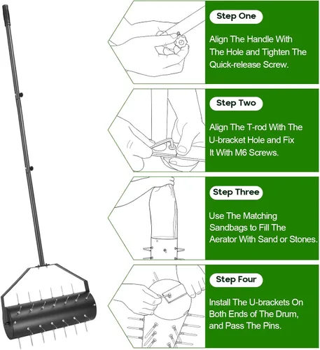 Miniatura 8 de Aireador de césped con ruedas de 18 pulgadas, mango de 50 a 70 pulgadas, aireador de picos resistente con bolsa de arena, 40 picos de hierro que