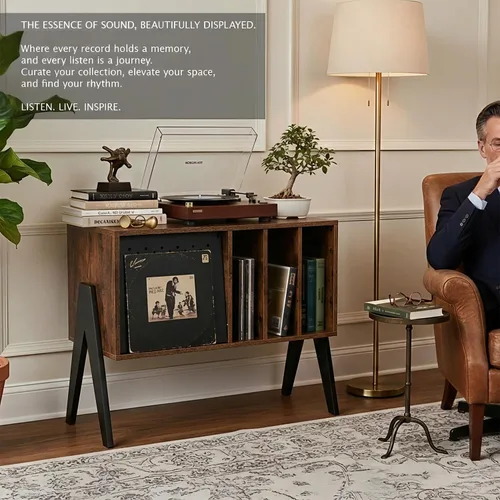 Miniatura 3 de Soporte para tocadiscos con almacenamiento de vinilo y pantalla abatible, soporte giratorio moderno de mediados de siglo, gabinete de almacenamiento