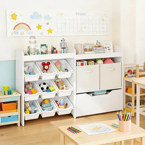 Miniatura 2 de COSVALVE Organizador de almacenamiento de juguetes para niños, organizadores de juguetes de 4 niveles con 2 cubos abiertos, 9 cajas y 2 contenedores