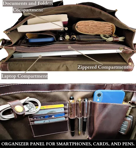Miniatura 4 de RUSTIC TOWN Bolso de mensajero de cuero hecho a mano para hombre, bolso de mensajero para portátil de 16 pulgadas Marrón nogal