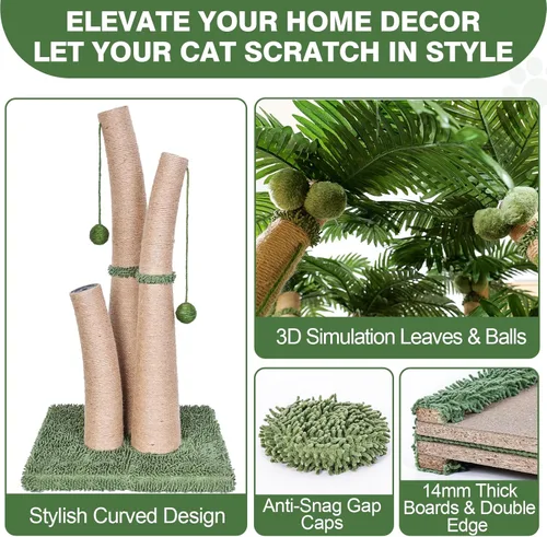 Miniatura 4 de Poste Rascador para Gatos de 40'' de Alto Árbol para Gatos, 3 Postes Rascadores de Palmera de Diseño Curvado con 8 Bolas Interactivas, Cuerda