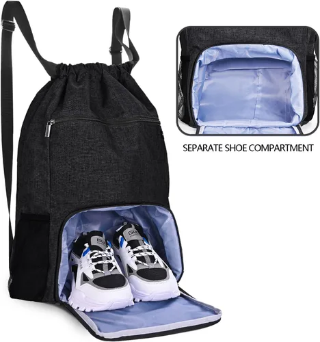 Miniatura 2 de Mochila con cordón con bolsillo para ropa húmeda y compartimento para zapatos, resistente al agua, para deportes, gimnasio, natación, bolsa