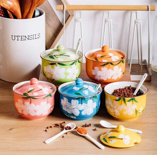 Miniatura 5 de FUYU Tarro de condimentos de cerámica con flores pintadas a mano con tapa y cuchara, recipiente para azúcar Azul