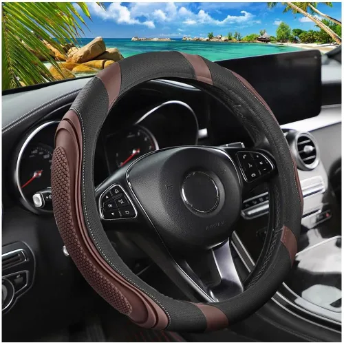 Miniatura 19 de Osilly Funda de cuero para volante de automóvil de 15 pulgadas, accesorios automotrices elástica, transpirable, antideslizante, protector de volante