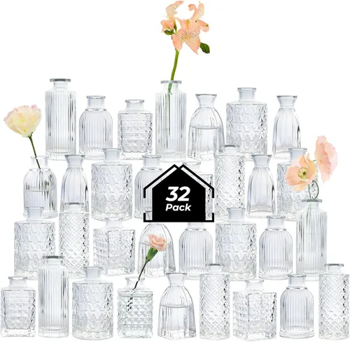 ComSaf Juego de 32 jarrones de cristal, pequeños jarrones transparentes a granel, mini jarrones de flores para centros de mesa, juego de botellas