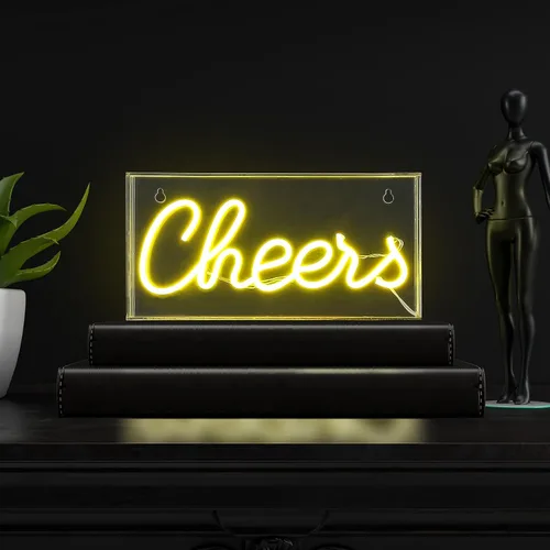 JONATHAN Y Luz de neón LED amarilla "Cheers" de 11.8 pulgadas de ancho x 5.9 pulgadas de alto, operada por USB, amarillo, 147 lúmenes, caja acrílica