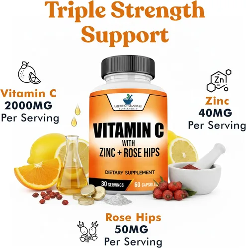 Miniatura 3 de American Standard Supplements Vitamina C 2000mg, Zinc 40mg, y Escaramujo 50mg por Porción – Vegano, Sin Gluten, Sin OMG (60 Unidades)