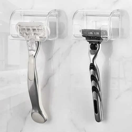 Miniatura 10 de Paquete de 2 soportes acrílicos para maquinilla de afeitar con cubierta para ducha, organizador de afeitadora montado en la pared con ventosa