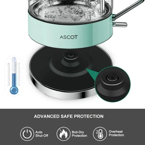 Miniatura 3 de ASCOT Hervidor eléctrico, tetera eléctrica de vidrio, regalos para hombres/mujeres/familia, 1.5 L, 1500 W, calentador de té de vidrio