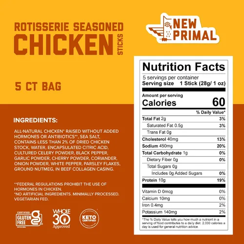 Miniatura 2 de New Primal Palitos de Pollo Rotisserie, Snack Alto en Proteína Sin Azúcar, Sin Gluten Whole30 Snacks Saludables, Apto para Keto y Paleo, Palito
