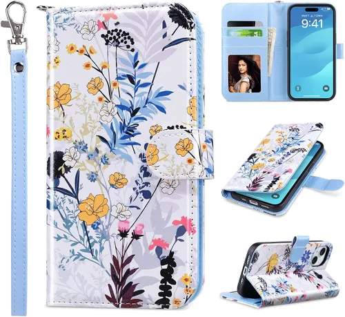 ULAK Funda tipo cartera compatible con iPhone 15 para mujer, funda tipo cartera de piel PU premium con estampado floral y tarjetero, función de