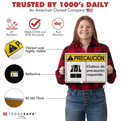 Miniatura 2 de TRADESAFE Señal de seguridad con chaleco de seguridad de EPI – Chaleco de Precaución Requerido en español, señal de seguridad de aluminio
