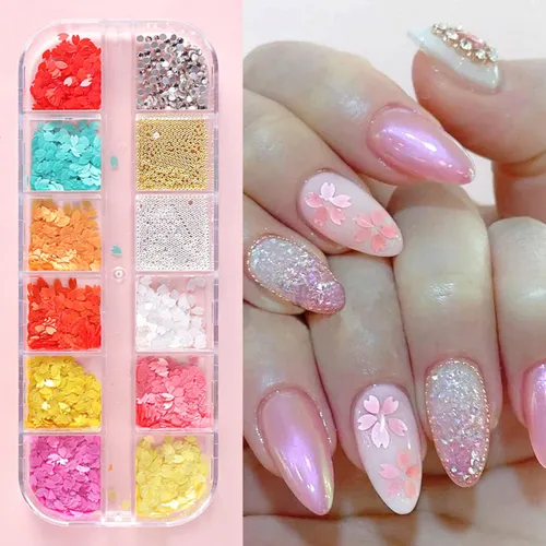 Pétalos florales con purpurina para arte de uñas, diseño de cuentas de diamantes de imitación, suministros de pétalos de flores 3D para mujeres,