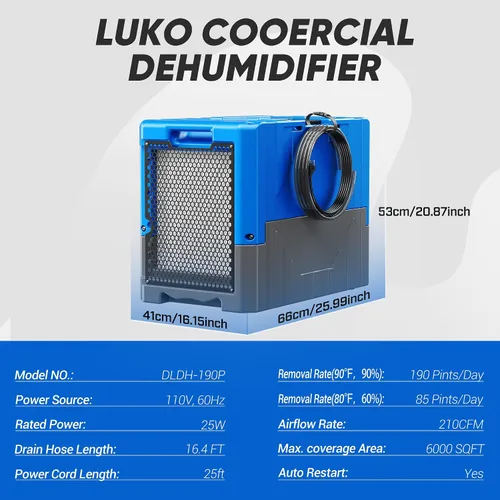 Miniatura 3 de 190PPD Commercial Dehumidifier with Pump for Basement-6000Sq.Ft. Warehouse, Large Space Crawl Space Dehumidifier for Efficient Water Damage Azul