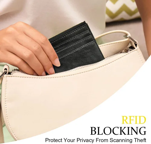 Miniatura 42 de URAQT Cartera para tarjetas de crédito, cartera minimalista de cuero delgado con cremallera, mini protector de tarjeta de crédito, llavero bolsillo