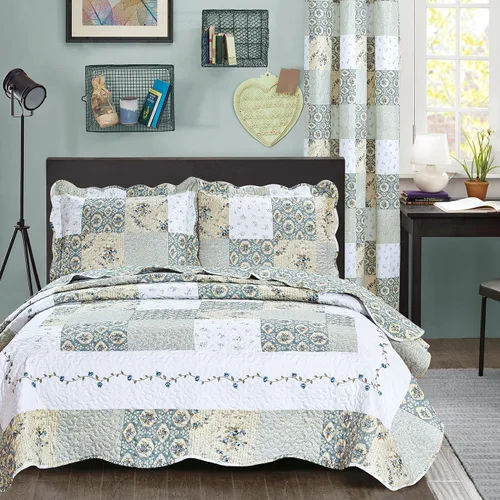 Miniatura 2 de All American Collection - Juego nuevo de colcha reversible de 3 piezas con diseño floral estampado, azul/verde. Incluye cortinas a juego disponibles