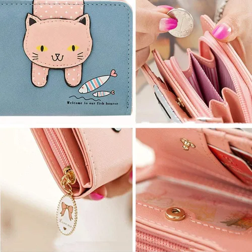 Miniatura 3 de Hjkiopc Cartera pequeña para niñas y mujeres diseño de gato monedero organizador de tarjetas Azul Cartera plegable