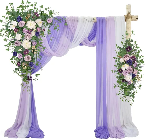 Ting's time Kit de flores para arco de boda (juego de 5) 2 piezas de arreglo floral artificial morado, 3 piezas de tela para decoración de bodas