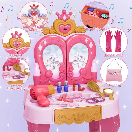 Miniatura 3 de deAO - Juego de tocador de maquillaje para niños pequeños con espejo y silla, juego de tocador para niños con luces, juguete de maquillaje