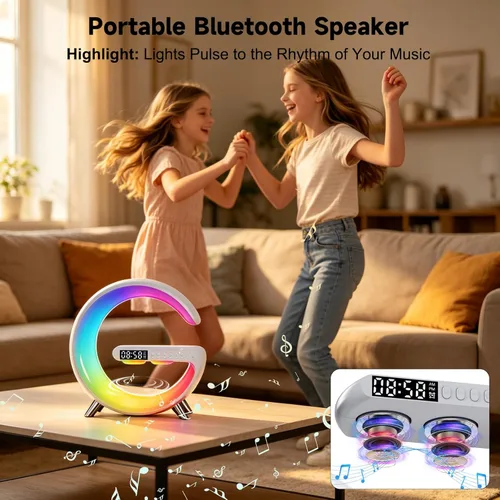 Miniatura 7 de Lámpara de mesa LED inteligente 4 en 1, reloj despertador, cargador inalámbrico, luz nocturna, altavoz Bluetooth con control de aplicación, lámpara